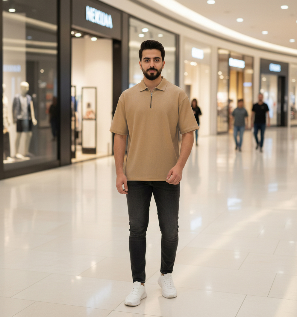 تیشرت مردانه یقه زیپ دار نسکافه ای مدل Arban