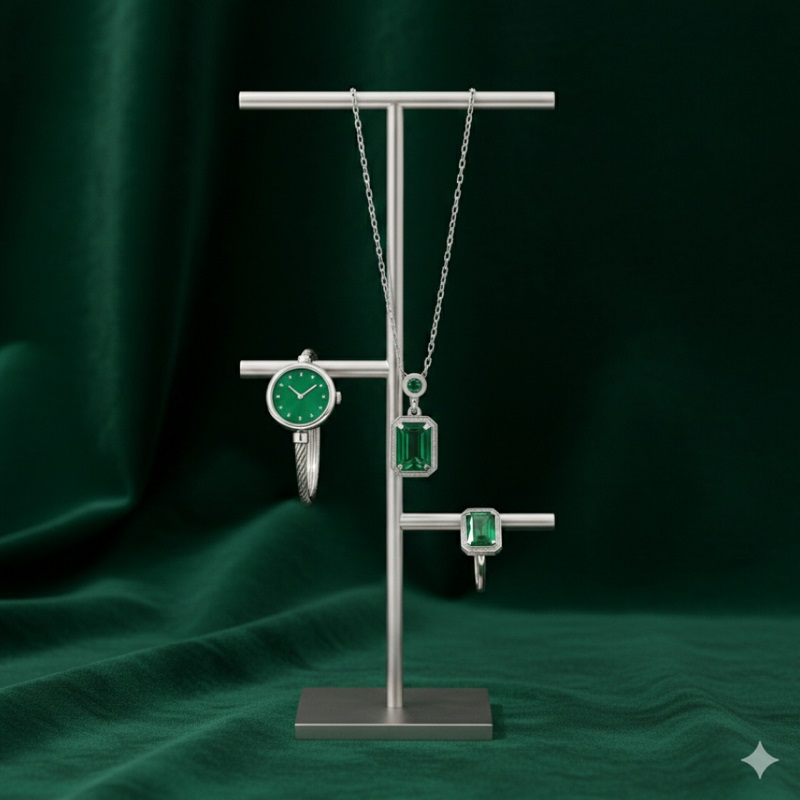 ست زنانه ساعت و گردنبند و انگشتر مدل زمرد-نقره ای